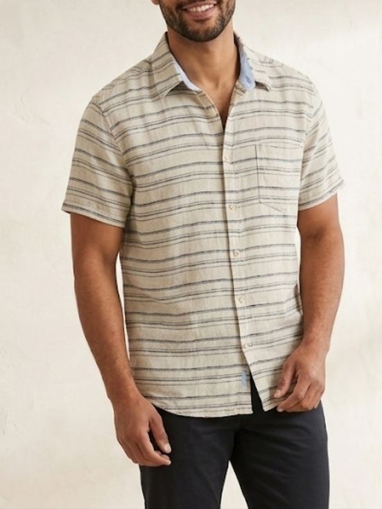 Ben Sherman Other - Ben Sherman Club Room Beige Short-Sleeve Button-Down with Navy Stripes